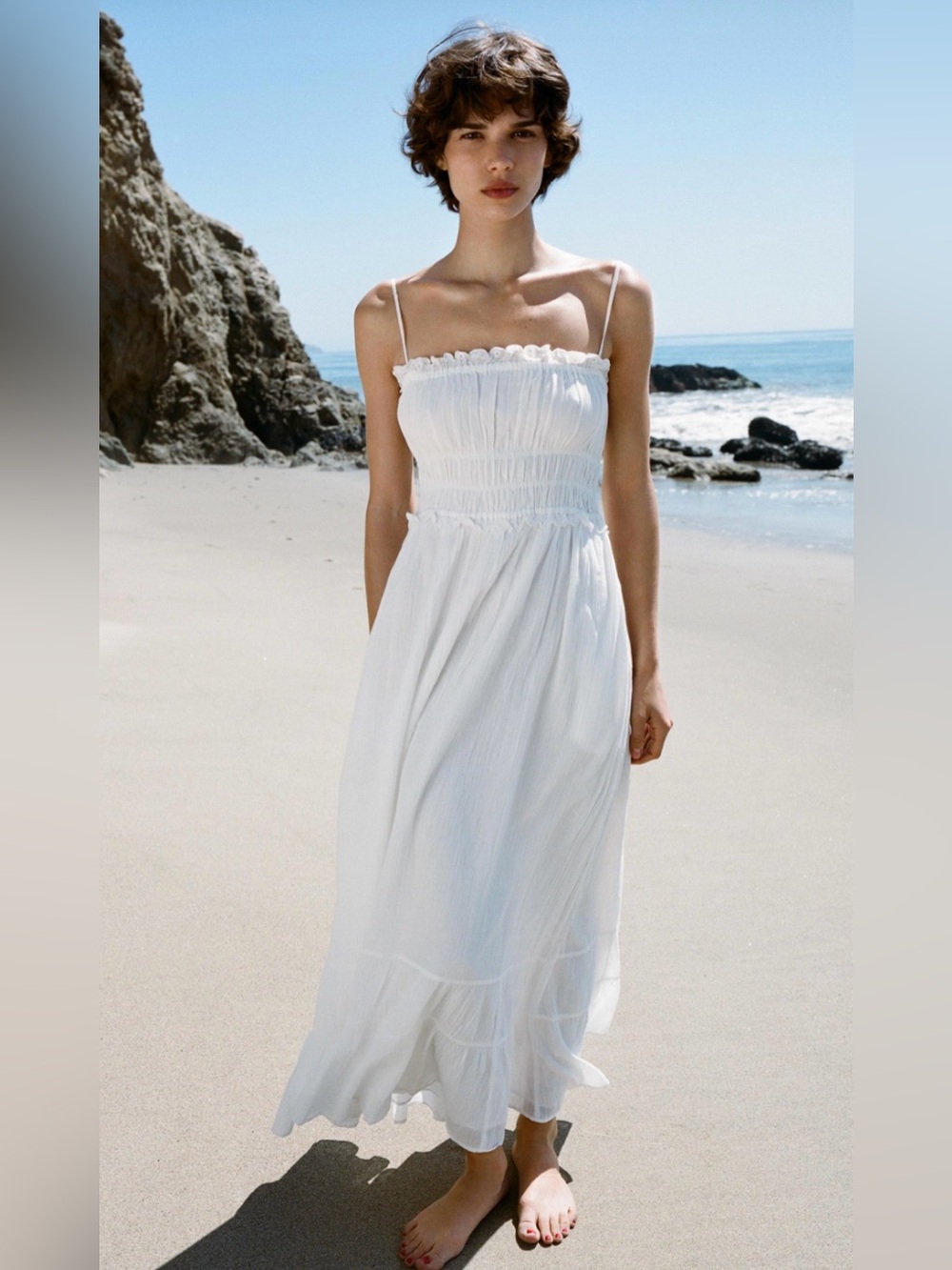 Zara Voluminous Gauze Midi Dress White Smocked Sundress Ruffle Eyelet Trim Sz S